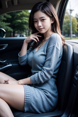 ((Best Quality, 8k, Masterpiece:1.3)), Focus:1.2, Perfect Body Beauty:1.4, Buttocks:1.2, ((Delicate Hair)), (Sweater Dress:1.1) , (Sports car, street: 1.2), Highly detailed face and skin texture, Detailed eyes, Double eyelids, whitening skin, Big breasts, smile, wearing necklaces, rings, people sitting in cars with their buttocks up,