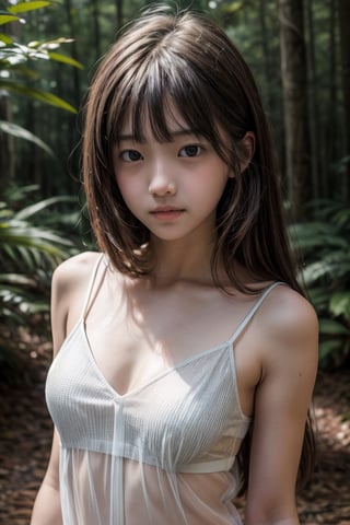 (((deep in the woods))),(looking at the audience), (((Only the face enters the camera))), (Focus on the face),
人：(((1 girl))),(((real girl photo))), (girl's small breasts(1.2)),
優：(((16K texture structure))), the light and shadow structure that makes the texture more realistic and natural, (film style structure),
髮：Long hair, bangs,
服：(((Spaghetti strap sleeveless sheer shirt))),Detail,Update