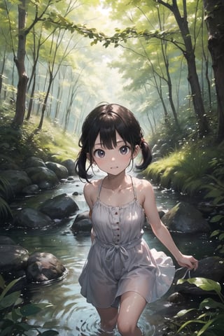 (((By the creek deep in the woods))),(looking at the audience),(((Only the face enters the camera))),
人：a korean little daughter,(((Pure and restrained little daughter))),
服：(sleeveless spaghetti straps),