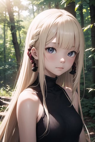 (((deep in the woods))),(looking at the audience),
(((Photos that focus on faces))), (((focus on the face))),
人：1 korean young girl,
髮：(bangs),very long hair,(((light blonde hair))),(((hair weaving:1.4))),
服：((low-cut)),(sleeveless spaghetti straps),