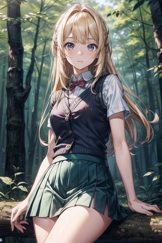 (((In the woods))), (((look at the audience))), (focus on face),
人：(((a korean girl))), (low-cut),
優：(((16K texture structure))), (beautiful body proportions),
髮：(bangs), (((long hair))),(((blond))),
服飾：(knitted vest),(patterned mini skirt),