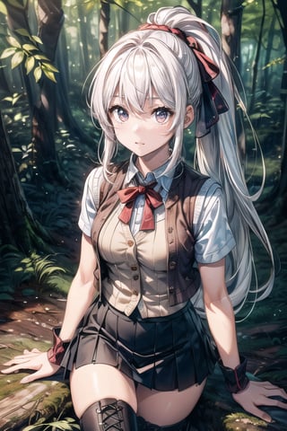 (((In the woods))), (((look at the audience))), (focus on face),
人：(((a korean girl))), (low-cut),
優：(((16K texture structure))), (beautiful body proportions),
髮：(bangs), (((long hair))),(((white hair))),(ponytail),
服飾：(knitted vest),(patterned mini skirt),(black boots),