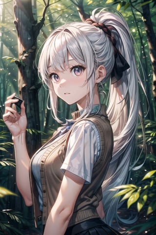 (((In the woods))), (((look at the audience))), (focus on face),
人：(((a korean girl))), (low-cut),
優：(((16K texture structure))), (beautiful body proportions),
髮：(bangs), (((long hair))),(((white hair))),(ponytail),
服飾：(knitted vest),(patterned mini skirt),(black boots),