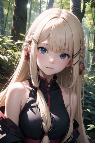 (((deep in the woods))),(looking at the audience),
(((Photos that focus on faces))), (((focus on the face))),
人：1 korean young girl,
髮：(bangs),very long hair,(((light blonde hair))),(((hair weaving:1.4))),
服：((low-cut)),(sleeveless spaghetti straps),