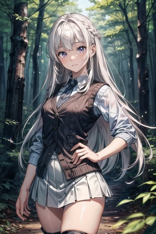 (((In the woods))), (((look at the audience))), (focus on face),
人：(((a korean girl))), (low-cut),
優：(((16K texture structure))), (beautiful body proportions),
髮：(bangs), (((long hair))),(((white hair))),
服飾：(knitted vest),(patterned mini skirt),(black boots),