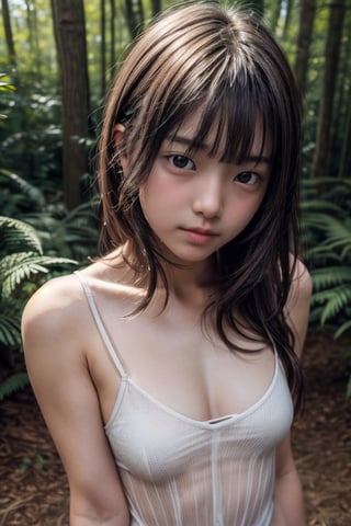 (((deep in the woods))),(looking at the audience), (((Only the face enters the camera))), (Focus on the face),
人：(((1 girl))),(((real girl photo))), (girl's small breasts(1.2)),
優：(((16K texture structure))), the light and shadow structure that makes the texture more realistic and natural, (film style structure),
髮：Long hair, bangs,
服：(((Spaghetti strap sleeveless sheer shirt))),Detail,Update