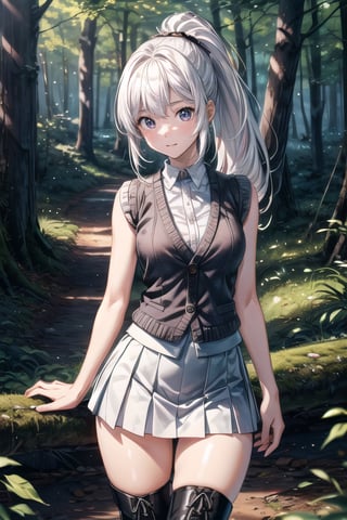 (((In the woods))), (((look at the audience))), (focus on face),
人：(((a korean girl))), (low-cut),
優：(((16K texture structure))), (beautiful body proportions),
髮：(bangs), (((long hair))),(((white hair))),(ponytail),
服飾：(knitted vest),(patterned mini skirt),(black boots),