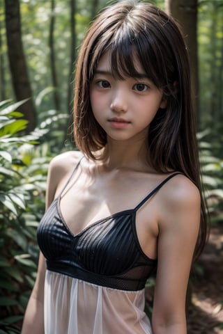 (((deep in the woods))),(looking at the audience), (((Only the face enters the camera))), (Focus on the face),
人：(((1 girl))),(((real girl photo))), (girl's small breasts:1.2),
優：(((16K texture structure))), the light and shadow structure that makes the texture more realistic and natural, (film style structure),
髮：Long hair, bangs,
服：(((Spaghetti strap sleeveless sheer shirt))),Detail,Update