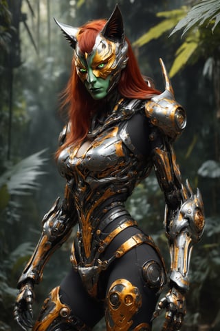  full body, cat girl, (long flaming red hair with yellow highlight), hourglass figure, with revealing-big-boobs, intricate detailed black_and_orange armored with protruding striped ribcage bones, futuristic tech, mechanical joint robotic, modern technologic, full face mask, tech filigrane, fullbody_view, full frontal, arms equipped with long spiky_blades, ready to fight, rainforest background, mecha, intricate shadow, depth of field, bokeh, xxmixgirl, (wind:0.8), dripping paint colord blood, dark environment, nighttime