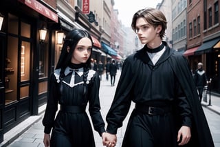 Wednesday Addams and Anakin Skywalker, beautiful woman and man, young 21 years old, athletic body, Sith Lord clothing, woman and man holding hands