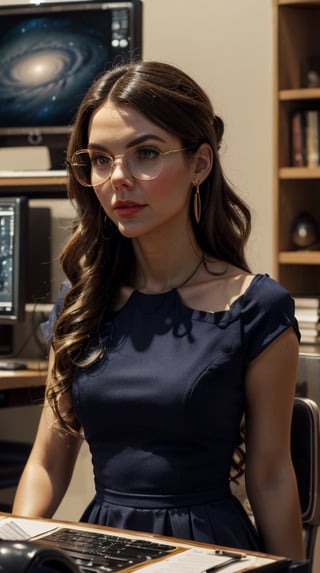 (4k), (masterpiece), (best quality), (extremely complex), (realistic), (sharp focus), (cinematic lighting), (extremely detailed), (epic),  Victoria Justice , glasses, dressed in school uniform  , She is sitting in front of her computer.,  serious look, deep look, incredibly detailed hand, long black hair, bangs, brown eyes, freckles on face,Woman, athletic and muscular body, red plaid dress with black trim on the sleeves and neck. Her dress is short made of a light fabric, black combat boots with white socks, her hairstyle is dark brown and has loose waves. Her hair falls over her shoulders and frames her face with a bang., muscled body, full body, detailed face, perfect eyes, detailed hands, mix of fantasy and realism. elements, vibrant manga, uhd image, vibrant illustrations, the background is a galaxy