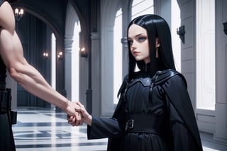 Wednesday Addams and Anakin Skywalker, beautiful woman and man, young 21 years old, athletic body, Sith Lord clothing, woman and man holding hands