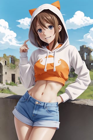  (happy), Kyoto animation style, (high quality, super detailed, perfect anatomy, masterpiece), one cute girl, petite, brunette hair, muscled body , white hoodie with orange pattern, crop top, belly button, denim shorts, discarded Castle ruins, morning, blue sky, akemi