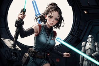 Female Jedi, on an Imperial spaceship, faces Imperial First Order troops, athletic body, Rey character, lightsaber, Daisy Ridley