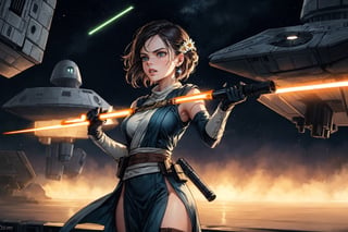 Female Jedi, on an Imperial spaceship, faces Imperial First Order troops, athletic body, Rey character, lightsaber, Daisy Ridley