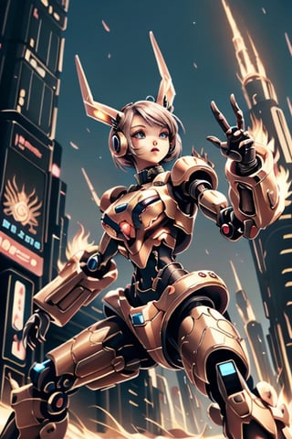 (style of Mark Ryden), 1girl, solo, female mech Kawaii, wearing kawaiitech mech suit, (dynamic fighting pose:1.25), tantalizing, style of The Matrix, style of Zdzislaw Beksinski, magical armor, FireAI, (complex City background)