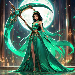 Ultra Realistic, cinematic lights, glam pose, chill,princess gown, Ultra Realistic princess , Jasmine, , Wielding a emerald crescent scythe ,manga disney pixar style