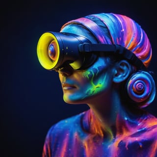 Close up minimalist photo of snail wearing VR headset, snail shell paint with fluorescent colors, cartoon, manga style, dark background, blacklight lighting,bl4ckl1ghtxl