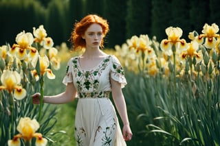 Photographic ((full_body_shot)), Beautiful and stunning image of an ancient Greek goddess OHWX, redhead, green eyed, (authentic iris detail:1.46) (Iris pattern:1.33), (barefoot), hyper detailed eyes, hyper detailed skin, ((walking through a vibrant lush flower field)), tress, grass, flowers, marble pillars, marble busts, (wearing a royal victorian dress, embroidery, filigree:1.25), (conservatively  dressed), The style should be a fusion of Peter Lippmann's still life compositions, Barry Windsor Smith's intricate linework, Sandro Botticelli's ethereal beauty, and Burne-Jones' romanticism. The redhead's captivating gaze draws the viewer in, her beauty so striking that it's almost unbelievable. The medium should be digital photography, capturing the photorealistic detail and texture. The composition should be a full_body_shot, taken with a high-resolution 16k camera, using a 50mm lens for a sharp focus on the redhead, Miki Asai Macro photography, close-up, hyper detailed, trending on artstation, sharp focus, studio photo, intricate details, highly detailed, cinematic, (full shot)