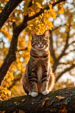 photo of a Cat poised gracefully atop an ancient oak tree, autumn leaves fluttering around, golden hour casting long shadows, backlit, sharp focus on feline, bokeh effect on background foliage, cinematic film still.