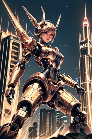 (style of Mark Ryden), 1girl, solo, female mech Kawaii, wearing kawaiitech mech suit, (dynamic fighting pose:1.25), tantalizing, style of The Matrix, style of Zdzislaw Beksinski, magical armor, FireAI, (complex City background)