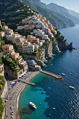 subsurface scattering, Photorealistic, Hyperrealistic, analog style, realistic, film photography, dynamic lighting, HDR, 8k, 
BREAK
(Amalfi Coast), Considered to be one of the most beautiful coastlines on the planet, the Amalfi Coast is a dream for photography. This UNESCO World Heritage Site spans over 34 miles of the southern Sorrentine Peninsula in Italy’s Campania region. It’s known for its rugged shoreline and large sea cliffs, dotted with beaches, colorful villages, terracing vineyards, beautiful hotels and villas. And let’s not forget that incredibly blue crystal clear water. 