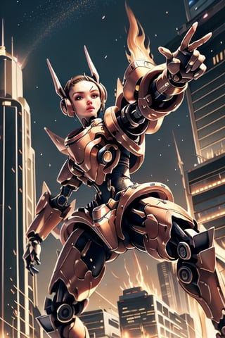 (style of Mark Ryden), 1girl, solo, female mech Kawaii, wearing kawaiitech mech suit, (dynamic fighting pose:1.25), tantalizing, style of The Matrix, style of Zdzislaw Beksinski, magical armor, FireAI, (complex City background)