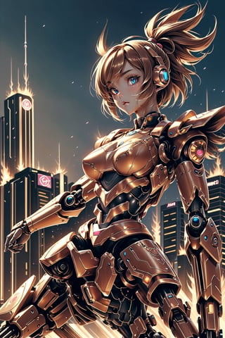 (style of Mark Ryden), 1girl, solo, female mech Kawaii, wearing kawaiitech mech suit, (dynamic fighting pose:1.25), tantalizing, style of The Matrix, style of Zdzislaw Beksinski, magical armor, FireAI, (complex City background)