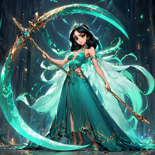 Ultra Realistic, cinematic lights, glam pose, chill,princess gown, Ultra Realistic princess , Jasmine, , Wielding a emerald crescent scythe ,manga disney pixar style