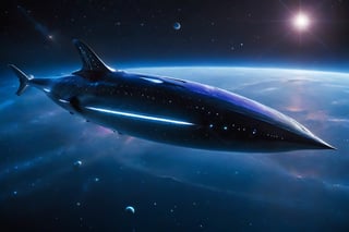 A majestic spacecraft, glides through the galaxy's twilight horizon, its curvaceous body resembling a majestic whale. The starboard fin stretches like a dorsal fin, while the portside thrusters evoke the gentle undulation of a whale's tail. Soft, ethereal light illuminates the ship's translucent hull, as if reflecting the bioluminescence of deep-sea creatures.,Starship