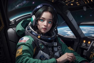 ((masterpiece)), ((best quality)), (ultra-detailed), ((extremely detailed CG 8k wallpaper)), HDR, absurdres, intricate details, high resolution, 8k, full body, Starry sky, a pretty woman, solo, beautiful black hair, beautiful green eyes, ((beautiful eyes)), cool, ((spacesuit, Space, cockpit)), gundam in front