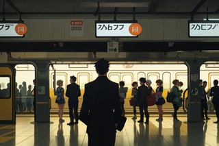 Crowded train station, busy hours, metropolitan city, train station background, dynamic lighting, realistic, mass people, various professions, all genders, teens, adult, elders, anime style, manga style, colorfull