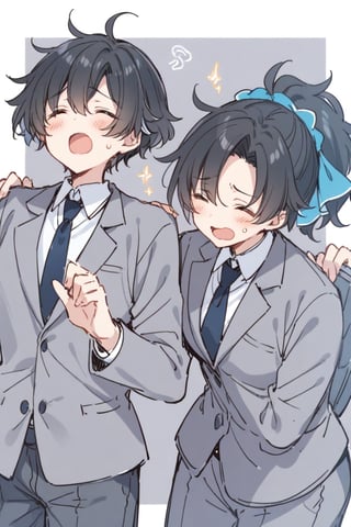 batasensei, open mouth, jacket, suit, pants, grey jacket, closed eyes