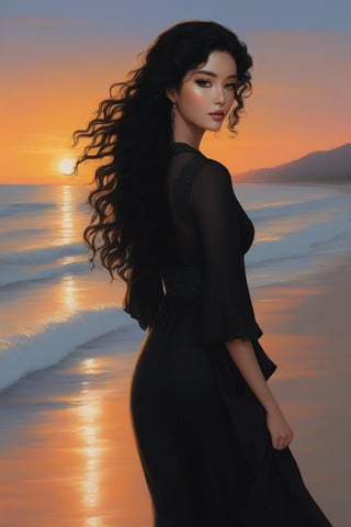 A young and beautiful woman, walking on the beach under the sunset,  a beautiful figure, clear eyes with black frame, black long 2B curly hair, and fine details.