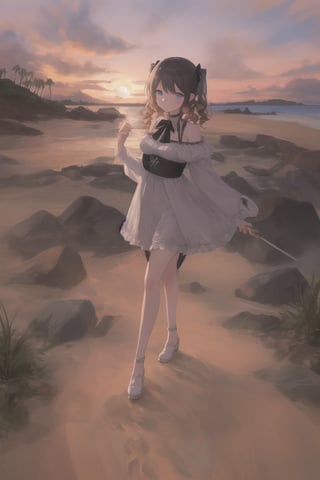 A young and beautiful woman, walking on the beach under the sunset,  a beautiful figure, clear eyes with black frame, black long 2B curly hair, and fine details.