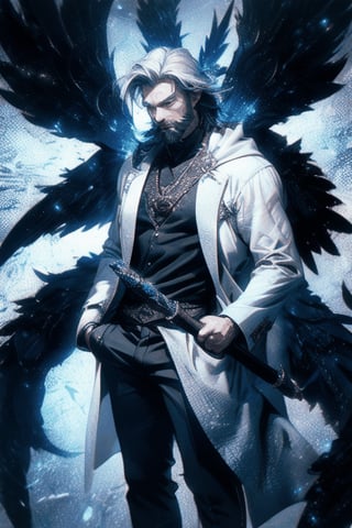 Child with magic staff with an Older man with long grey hair in a white overcoat and suit pants,crotch_bulge,facial_marking, bigger_male,facial_hair, HD, neutral expression large black wings, shading,shadows,muscular figure, druid(fantasy lord of ring), magic, background fantasy, postapocalipsis