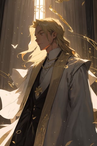 Amidst the opulent fusion of wood and glistening gold, a man of princely grace stands as a portrait of delicate elegance. His long, flowing locks of blonde hair cascade like tendrils of sunlight, adding an ethereal quality to his presence. Bathed in the soft, ambient glow of the surroundings, his fair skin exudes a luminous charm, conjuring an essence of timeless refinement.

With his slender arms exposed, his limbs carry an air of understated poise that befits his princely demeanor. His stance, a harmonious blend of confidence and gentleness, accentuates his regal aura. The intricate details of his attire shimmer with golden hues, resonating with the opulence of his surroundings.

Amidst the enchanting interplay of wood and gold, he stands as a central figure, a living embodiment of a classic fairy tale prince. His delicate features, fair hair, and graceful exposure of his arms contribute to a captivating image that is both entrancing and enduring. In this regal setting, he becomes the embodiment of a protagonist, ready to embark on a tale of adventure, a figure of beguiling allure.