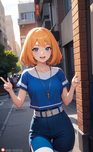 Cowboy shot,Anime, Absurd, Masterpiece, Super Detailed, Best Quality, Professional Lighting, Hyper Detail, Sharp Detail, (Light Transmission), (Spectacular Panorama View: 1.3) ,one women, very pretty,Hip Hop Culture, happy smile, outdoors,street,wall,pose