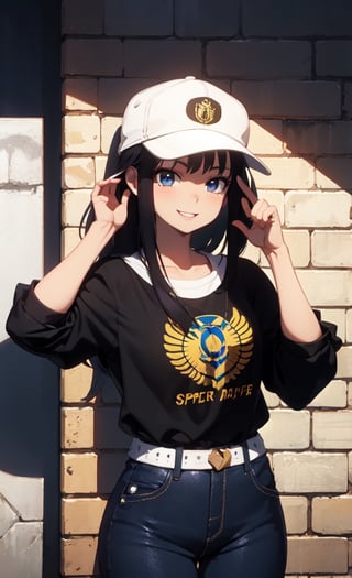 Cowboy shot,Anime, Absurd, Masterpiece, Super Detailed, Best Quality, Professional Lighting, Hyper Detail, Sharp Detail, (Light Transmission), (Spectacular Panorama View: 1.3) ,one women, very pretty,Hip Hop Culture, happy smile, outdoors,wall,Wall graffiti,cap,pose