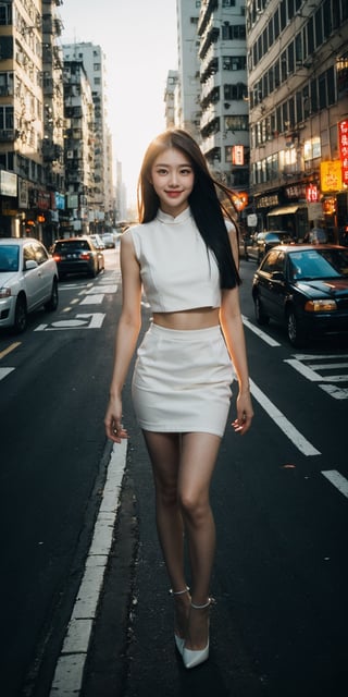 35mm photograph, film, bokeh, professional, (8k), RAW photo, best quality, ultra-detailed, (high detailed skin:1.2), highly detailed,1girl, party dress, pantyhose, high heels, kpop idol makeup, (closed smile:1.2), natural skin texture, realistic pores skin, (aesthetics and atmosphere:1.2), street, sunset, (incredible sky:1.2) Full body, summer, HongKong, ,Hongkong street, y2k