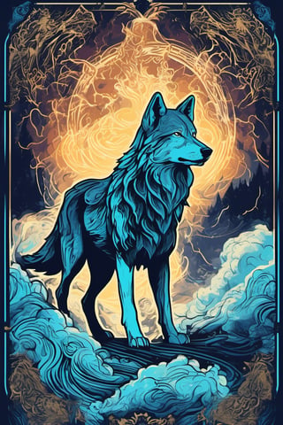 Tarot Card Style,  (epic wolf in the epic storm,  epic, awesome, magic aura, artistic, epic storm magic, epic bold) card,  masterpiece,  best quality,  cempoalxochitl,  flat color,  lineart,  abstract,  ornate,  dark theme,  (tarot),  aw0k straightsylum,  (frame), aw0k straightsylum, 