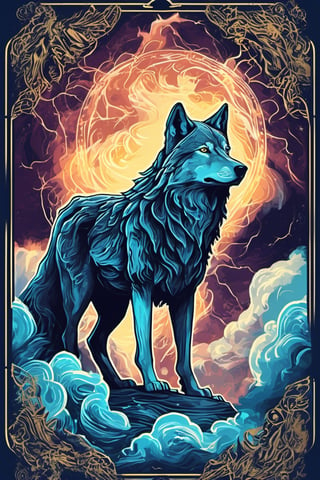 Tarot Card Style,  (epic wolf in the epic storm,  epic, awesome, magic aura, artistic, epic storm magic, epic bold) card,  masterpiece,  best quality,  cempoalxochitl,  flat color,  lineart,  abstract,  ornate,  dark theme,  (tarot),  aw0k straightsylum,  (frame), aw0k straightsylum, 