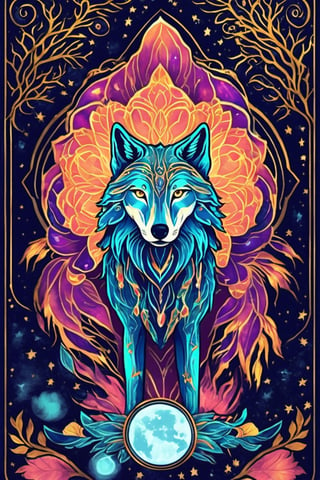 Tarot Card Style,  (epic wolf in the space,  beautiful, magic aura,  artistic) card,  masterpiece,  best quality,  cempoalxochitl,  flat color,  lineart,  abstract,  ornate,  dark theme,  (tarot),  aw0k straightsylum,  (frame), aw0k straightsylum, 