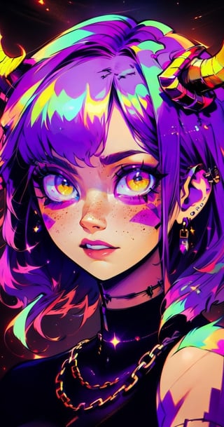 (masterpiece),,(best quality), 


1girl, solo, looking at viewer, short hair, black purple hair:1.5, hair jewlery:1.0, horns, choker, bright yellow eyes:1.0, makeup, facial mark, x hair ornament, portrait, short hair with long locks, yellow background ,Female, chain earrings:0.5, face tattoos:1.5, tan color skin,martius_nebula