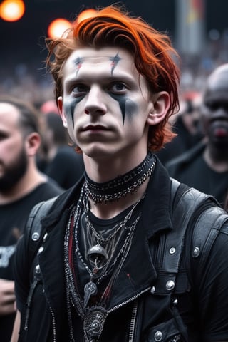 ((((Tom Holland with Crimson wavy hair and dark red corpsepaint makeup )))), (((wearing a punk outfit and a spike choker inspired by Dimmu borgir))), ((((finely detailed beautiful orange eyes and detailed face)))), (((At a mosh pit on a heavy metal concert))), (((full body plan))), extremely detailed CG unity 8k wallpaper