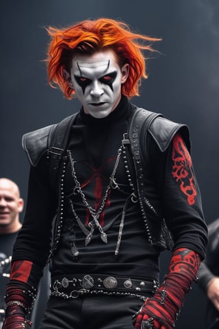 ((((Tom Holland with Crimson wavy hair and dark red corpsepaint makeup )))), (((wearing a punk outfit and a spike choker inspired by Dimmu borgir))), ((((finely detailed beautiful orange eyes and detailed face)))), (((At a death metal concert))), (((full body plan))), extremely detailed CG unity 8k wallpaper