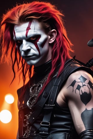 ((((Tom Holland with Crimson wavy hair and dark red corpsepaint makeup )))), (((wearing a punk outfit and a spike choker inspired by Dimmu borgir))), ((((finely detailed beautiful orange eyes and detailed face)))), (((At a death metal concert))), (((full body plan))), extremely detailed CG unity 8k wallpaper