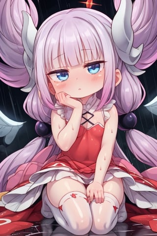 8k resolution, high resolution, masterpiece, intricate details, highly detailed, HD quality, solo, loli, black desert on the background, night, rain, red stars in the sky, scarlet moon, Kana Kamui.white hair.Blue eyes.two straight slightly curved horns.(Kanna Kamui's clothes).pink dress.white stockings to the knees.the expression is emotionless.confused expression.satisfied expression, focus on the whole body, the whole body in the frame, small breasts, vds, looking at viewer, wet, rich colors, vibrant colors, detailed eyes, super detailed, extremely beautiful graphics, super detailed skin, best quality, highest quality, high detail, masterpiece, detailed skin, perfect anatomy, perfect body, perfect hands, perfect fingers, complex details, reflective hair, textured hair, best quality, super detailed, complex details, high resolution,  

,Mrploxykun,Shadbase ,USA,Kanna Kamui ,Captain kirb