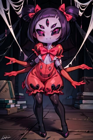 8k resolution, high resolution, masterpiece,  intricate details, highly detailed, HD quality, best quality, vibrant colors, 1girl,muffet,(muffetwear), monster girl,((purple body:1.3)),humanoid, arachnid, anthro,((fangs)),pigtails,hair bows,5 eyes,spider girl,6 arms,solo,clothed,6 hands,detailed hands,((spider webs:1.4)),bloomers,red and black clothing, armwear,  detailed eyes, super detailed, extremely beautiful graphics, super detailed skin, best quality, highest quality, high detail, masterpiece, detailed skin, perfect anatomy, perfect hands, perfect fingers, complex details, reflective hair, textured hair, best quality, super detailed, complex details, high resolution, looking at the viewer, rich colors, ,muffetwear,Shadbase ,JCM2,DAGASI,Oerlord,illya,In the style of gravityfalls,tensura,Mrploxykun,BORN-TO-DIE,Captain kirb,ChronoTemp ,spy x family style