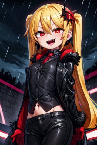 8k resolution, high resolution, masterpiece, long black scaly coat, open coat, yellow hair, white trickster mask,mocking smile painted on the mask,red smile, fanged smile,red eyes painted on the mask,squinted eyes, black gloves, black pants, arms thrown to the side, looking at the viewer, scarlet lightning in the background, rain, thunderstorm, the whole body in the frame, solo, 